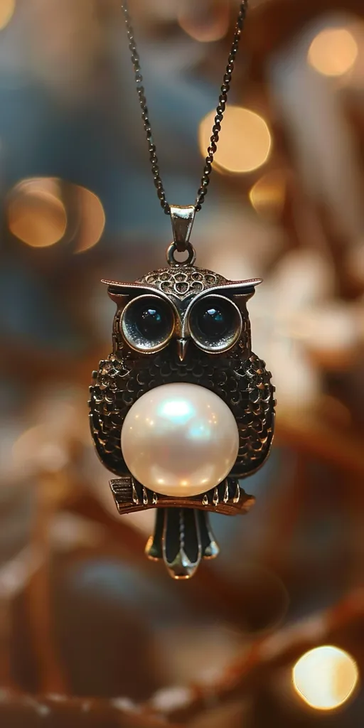 A delicate silver chain hangs a detailed owl pendant with a large pearl centered in its chest. The owl's eyes are black with silver accents, and its body is covered in intricate, patterned detailing. The pendant is in focus, with a blurry background of warm lights and wood grain.  The image captures the beauty of the intricate design of the owl pendant.
