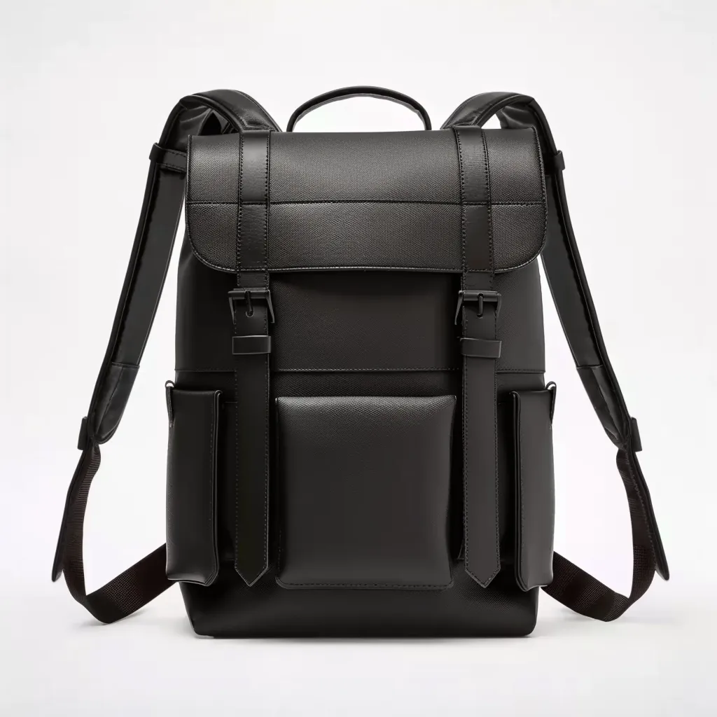 A black leather backpack with two adjustable straps. The backpack has a flap with two buckles, a large pocket on the front, and two smaller pockets on the sides.  The backpack has a minimalist design and is made of high-quality materials.