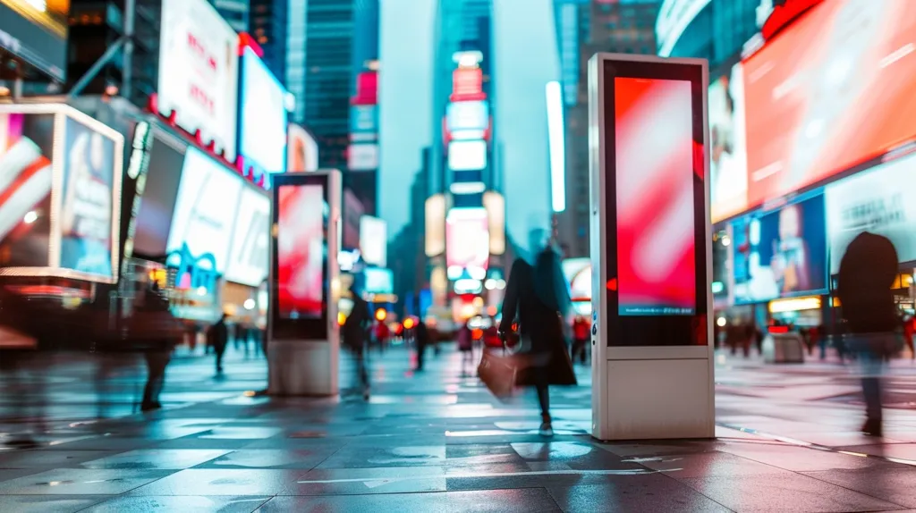 A bustling city street is filled with towering billboards advertising various products. The bright lights reflect off the wet pavement, illuminating the blurred figures of people rushing by. A large digital screen stands in the foreground, its red and white display adding to the vibrant ambiance of the urban landscape. The image captures the dynamic energy and commercialism of a major city.