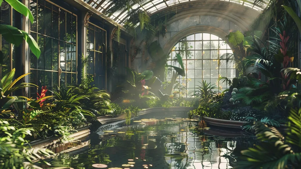 A sun-drenched greenhouse, filled with lush greenery, a pond reflecting the sky, and a large arched window framing the view beyond. The air is thick with moisture and the scent of plants. Light streams through the glass roof, illuminating the scene in a warm, ethereal glow.  Sunlight illuminates the leaves, casting shadows and highlights, creating a sense of peace and tranquility.
