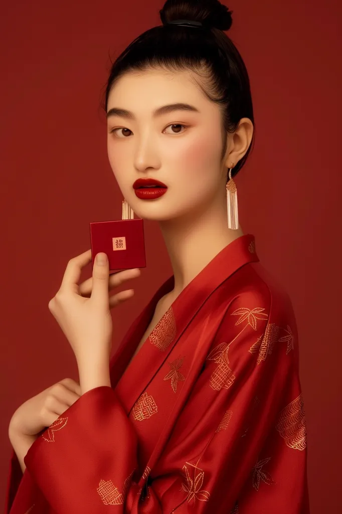 A young woman with dark hair pulled back in a bun wears a red silk robe with gold embroidery. She is holding a red box in her right hand and looking directly at the camera.  She has a bright red lipstick and rosy cheeks.  The background is a solid red.  The overall image is one of elegance and beauty.