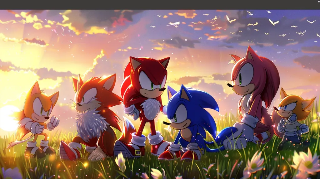 The image depicts a group of five anthropomorphic animal characters standing in a field. The characters are Sonic the Hedgehog, Tails, Knuckles, Amy Rose, and Shadow the Hedgehog. They are all standing in a field of grass and flowers, with a sunset in the background. The characters are looking at the viewer. The image is brightly colored and has a whimsical tone.