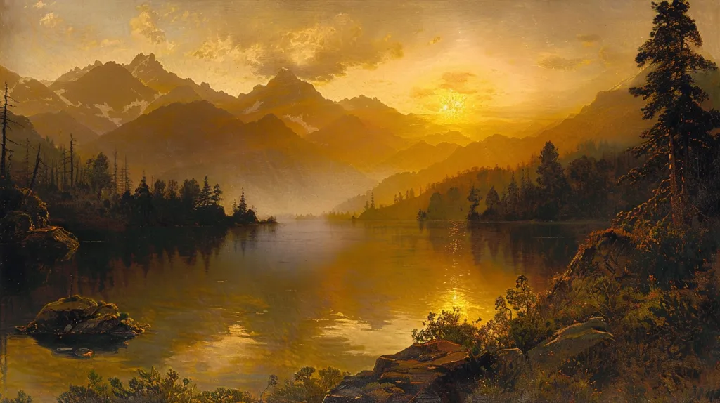 A golden sunset paints the sky over a tranquil lake nestled between towering mountains. The water reflects the warm hues of the evening, creating a shimmering mirror effect. Silhouettes of trees line the shore, adding depth and mystery to the scene. A single large tree stands tall in the foreground, a solitary sentinel against the breathtaking backdrop. The air is still and serene, capturing the quiet beauty of nature at its most sublime.