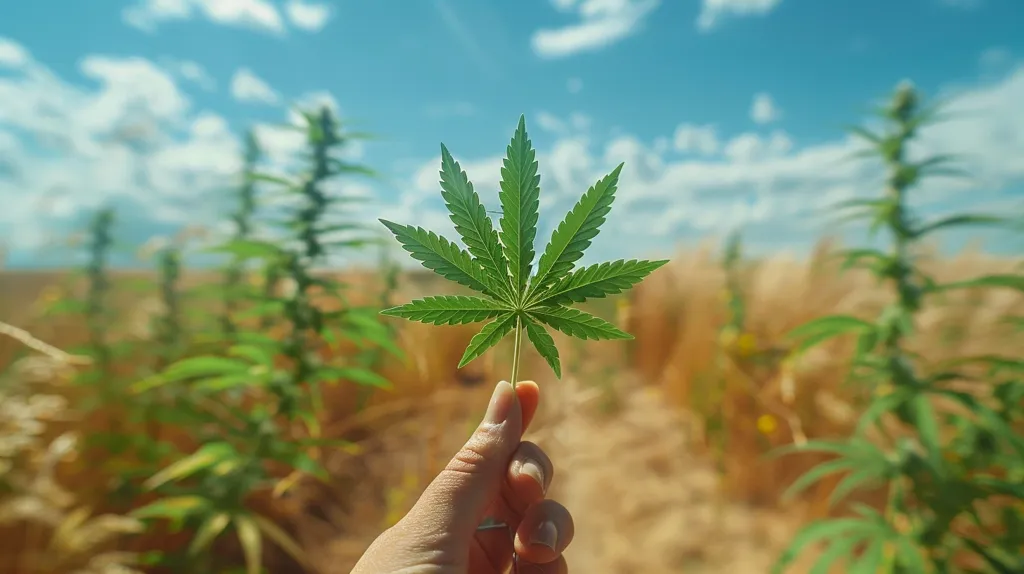 A hand holds a single marijuana leaf in front of a field of cannabis plants. The sky is blue with white clouds. The field is green and brown, with the sun shining on the plants. The image is a close-up of the leaf, with the background blurred.