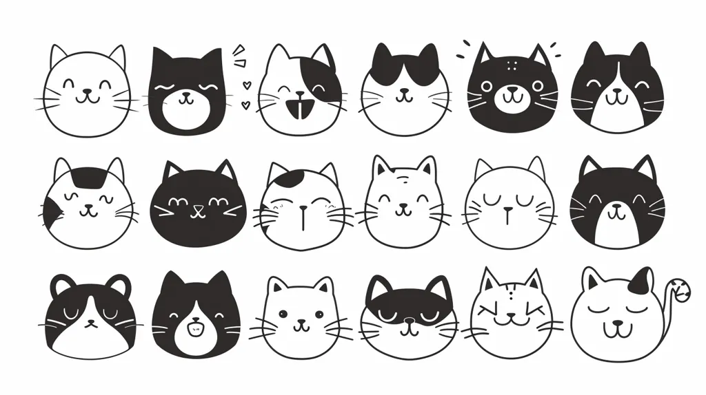 The image shows 18 cartoon cats, drawn in black and white. The cats have different facial expressions, including smiling, sleepy, and surprised. Some are wearing sunglasses, while others have a simple round head. The cats are arranged in three rows of six, creating a visually appealing pattern.  The background is white.  The cats are drawn in a simple, hand-drawn style, making them look playful and cute.