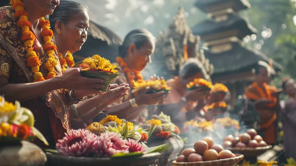 A group of women in traditional clothing are offering flowers and other offerings at a temple. The women are standing in front of a temple with a tiered roof. The air is filled with smoke and incense. They are wearing flower garlands and are holding baskets of flowers. There is a sense of reverence and devotion in the air.