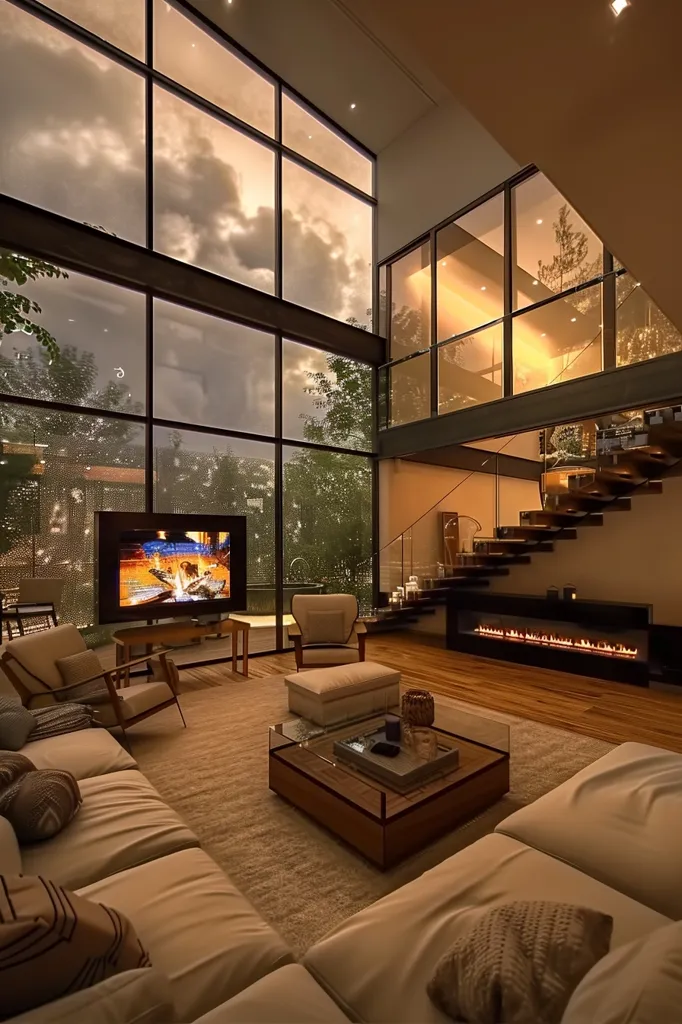 The image shows a modern living room with large windows overlooking a lush, green forest. The room features a large sectional sofa, a coffee table with a glass top, a fireplace, and a staircase leading to an upper level.  The room is bathed in warm light, creating a cozy and inviting atmosphere.  The large windows provide a stunning view of the outdoors, blurring the line between inside and out.