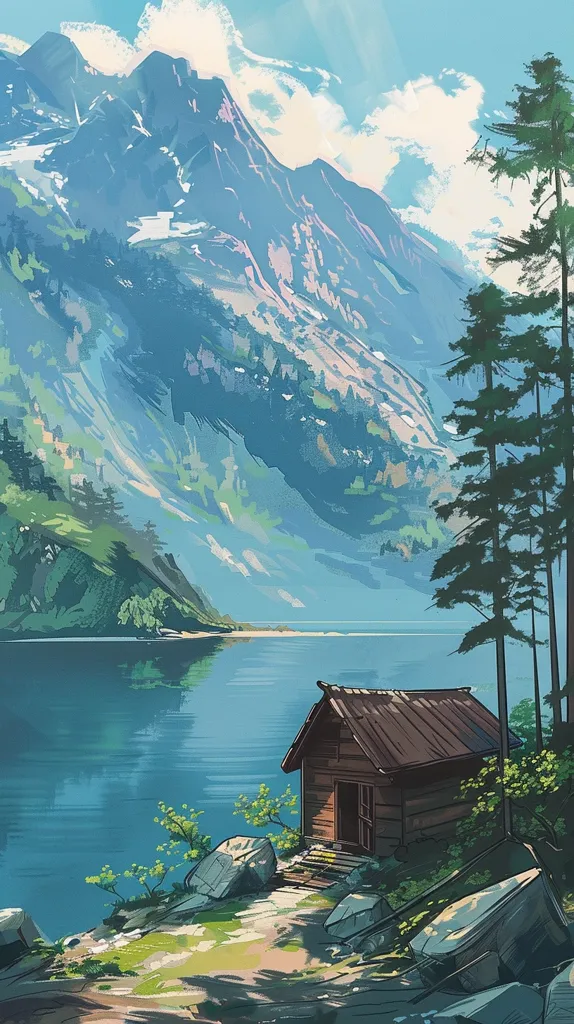 A small wooden cabin sits on the shore of a calm blue lake, nestled amongst lush green vegetation. Towering mountains rise in the background, their peaks capped with snow and reaching for the clear blue sky dotted with fluffy white clouds. The scene is serene and tranquil, evoking a sense of peace and isolation.