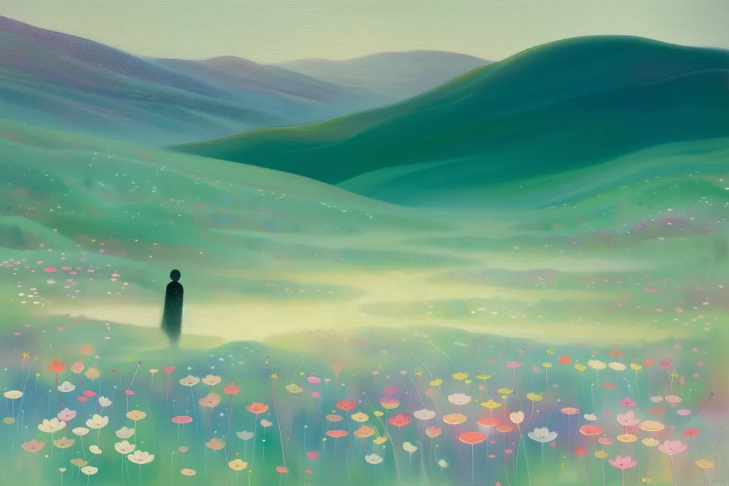 A lone figure stands in a field of colorful flowers. The green hills in the background are soft and hazy, creating a dreamy and peaceful atmosphere. The sunlight casts a warm glow over the scene, illuminating the flowers and the figure's silhouette. The overall effect is one of tranquility and beauty.