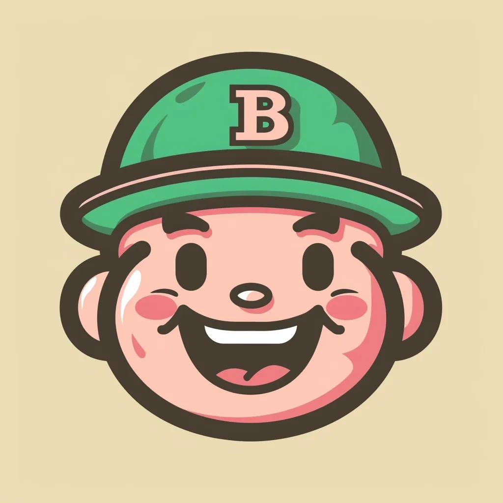 A cartoon character with a big, joyful smile. He's wearing a green hat with the letter "B" on it. The character has big, round eyes, rosy cheeks, and a wide, open mouth. His expression is full of happiness and lightheartedness. The cartoon style is simple and playful, with bold outlines and bright colors.