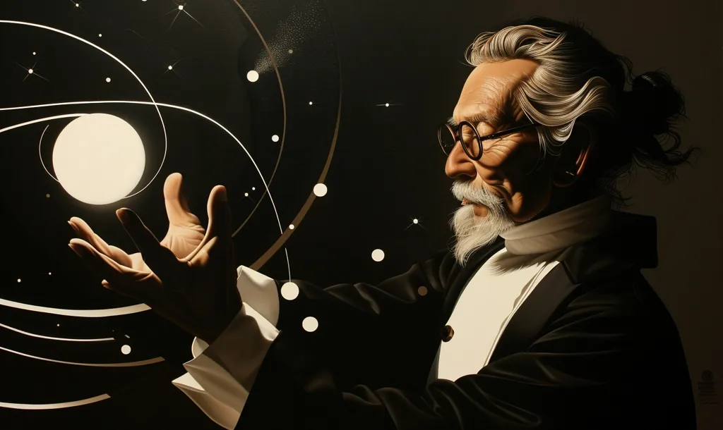 The painting depicts an elderly man with long grey hair, wearing a black suit and white shirt. He is standing in front of a dark background with white circles and lines representing a galaxy or a cosmic system. His hand is outstretched towards a glowing white sphere, perhaps a planet or star. The image conveys a sense of awe and wonder at the vastness of the universe.  The man's expression suggests contemplation and deep understanding. The overall impression is one of scientific exploration and the pursuit of knowledge.