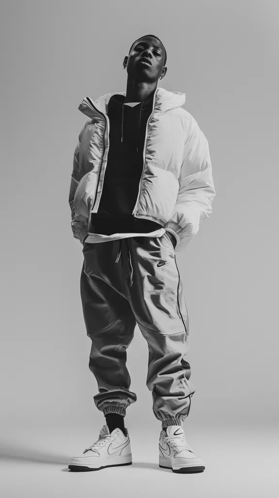 A young man is standing in a relaxed pose. He is wearing a white puffer jacket, a black t-shirt, gray sweatpants with a Nike logo, and white Nike sneakers. The photo is in black and white and has a minimalist aesthetic. He is looking directly at the camera.  The image captures a casual and stylish look, perfect for everyday wear.