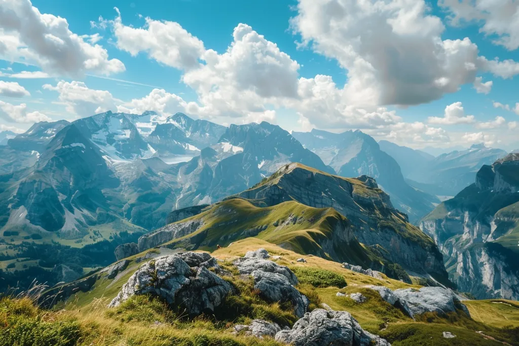 A breathtaking view from a mountaintop. Lush green valleys and snow-capped peaks stretch out in the distance, with fluffy white clouds dotting a clear blue sky. The scene evokes a sense of peace and awe, reminding us of the vastness and beauty of nature.