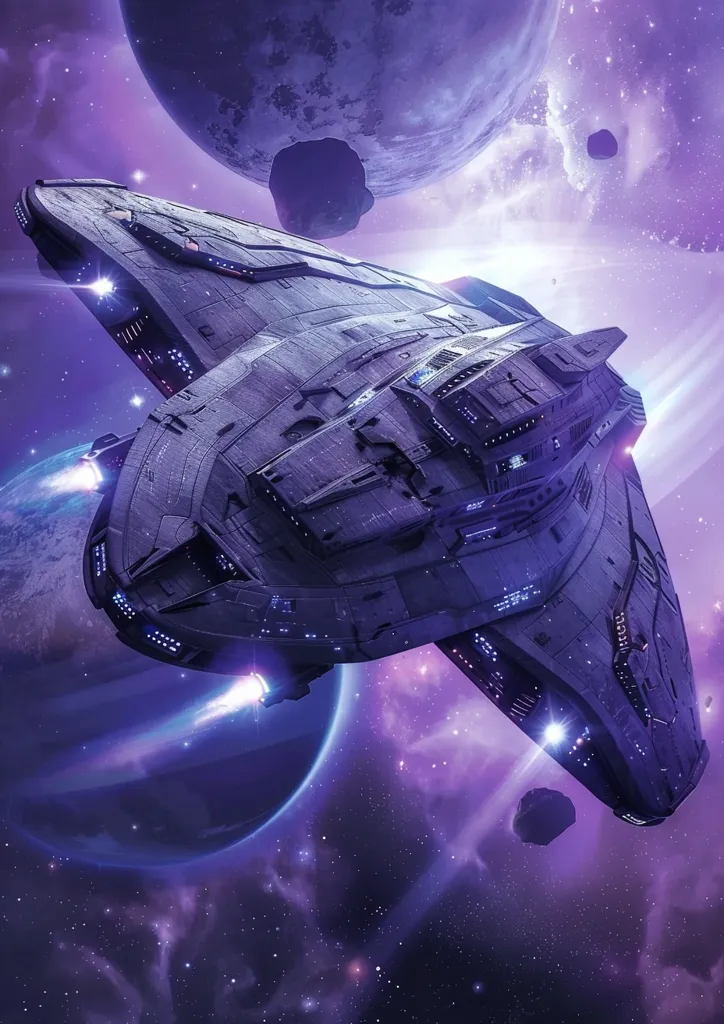 A futuristic spacecraft, with a sleek, metallic design, flies through a cosmic landscape. It is propelled forward by powerful thrusters, leaving behind trails of blue flames.  The ship is surrounded by swirling nebulae and glowing stars, creating a breathtaking backdrop. A large, grey planet looms in the background, its surface partially obscured by clouds. The scene is a striking portrayal of intergalactic travel and the vastness of space.