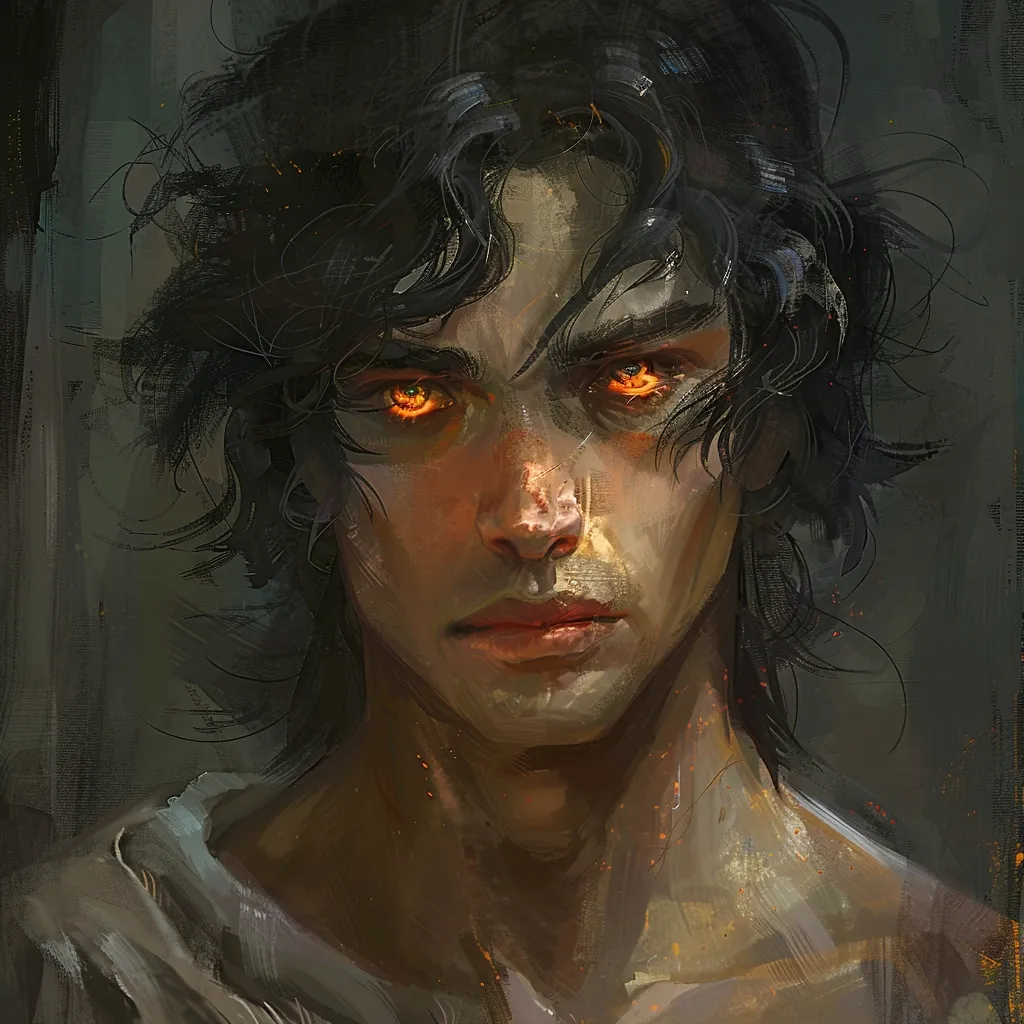 The painting depicts a young man with dark, tousled hair and piercing orange eyes. His expression is stoic and slightly melancholic, with a hint of determination in his gaze. The artist utilizes a painterly style, with visible brushstrokes that give the image a textured and dreamlike quality. The lighting highlights his face and emphasizes the intensity of his eyes. The overall atmosphere is one of mystery and intrigue, hinting at a hidden story waiting to be revealed.
