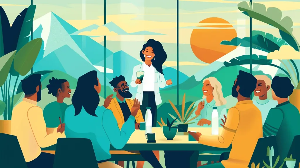 A group of diverse individuals are gathered around a table, smiling and engaged in conversation. A woman in a white jacket is standing and addressing the group, holding a drink in her hand. The setting is a bright and airy room with a large window overlooking a mountainous landscape. The scene suggests a relaxed and joyful atmosphere.