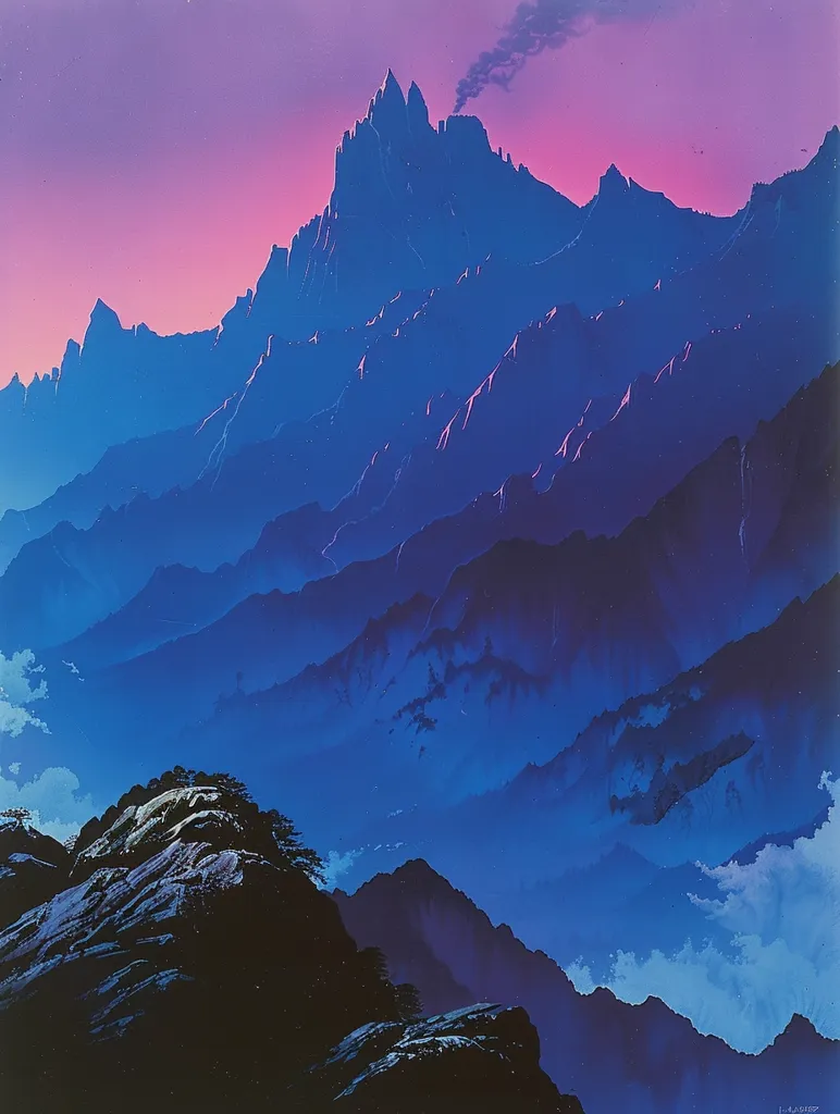 The image depicts a stunning mountain range silhouetted against a vibrant, pink and purple sky. The mountain peaks rise dramatically, their jagged edges disappearing into the hazy, blue atmosphere. The foreground features a rocky outcrop with a few trees, creating a sense of depth and scale. The overall impression is one of majestic beauty and serene tranquility.