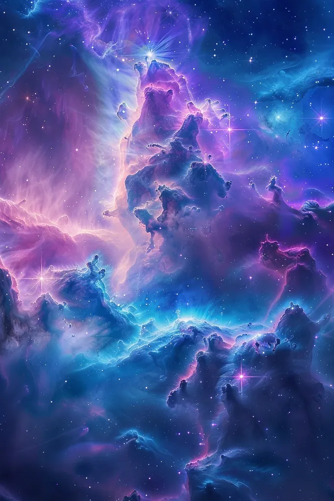 The image shows a stunning view of a nebula, a cloud of gas and dust in space. The nebula is a vibrant mix of purple, blue, and pink, with sparkling stars scattered throughout. The image is reminiscent of a dreamlike landscape, with the swirling clouds resembling mountains and valleys. The bright stars add a sense of depth and wonder to the scene.