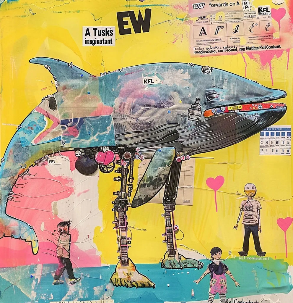 The image is a colorful and abstract collage featuring a large whale-like creature with mechanical legs. It stands on a yellow background with pink hearts and a few small figures. There are various text snippets and other graphic elements scattered throughout, including a title “A Tusks’ imaginatant” at the top. The overall aesthetic is playful, chaotic, and dreamlike, with a mix of whimsical and slightly disturbing elements.