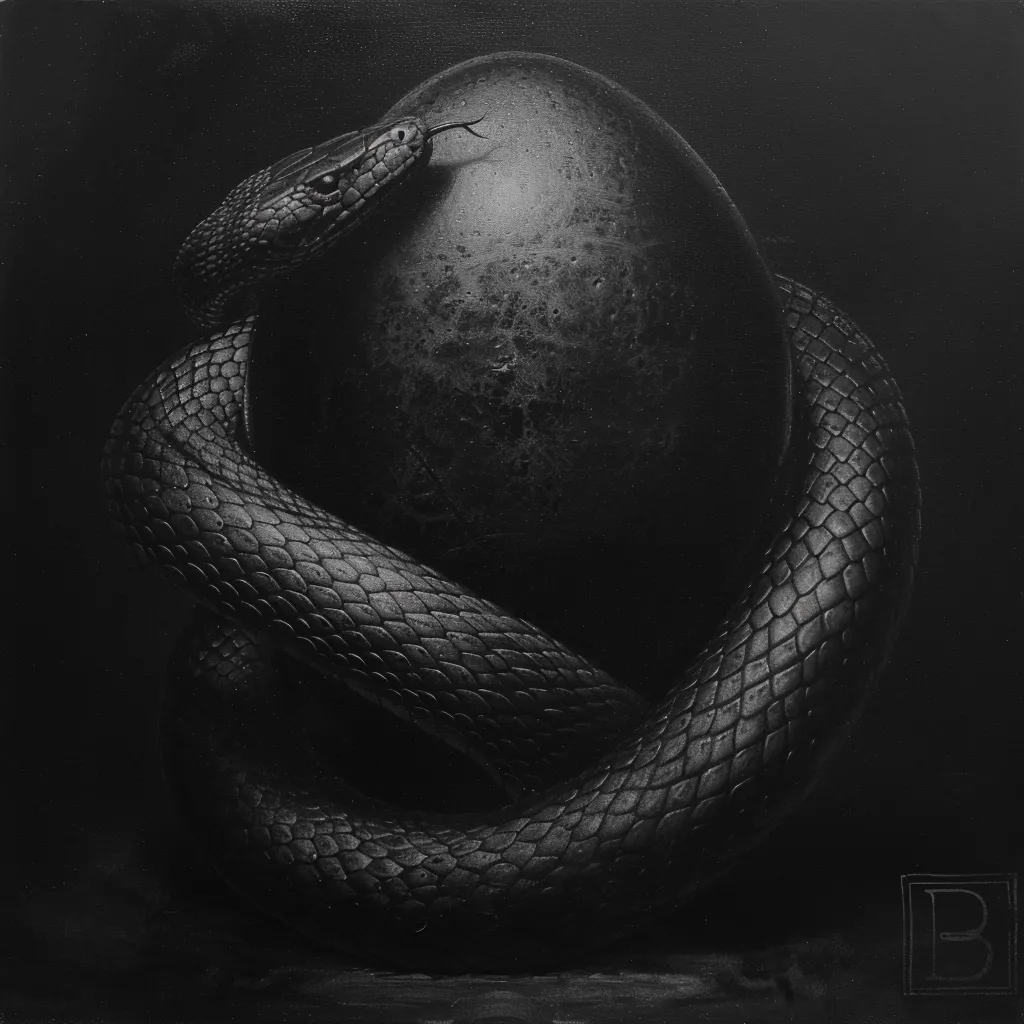 A black and white still life image depicts a large snake coiled around a large, smooth, and slightly textured egg. The snake’s body is intricately detailed with scales, while its head is raised, with a forked tongue.  The background is a dark, muted grey and the composition is centered with the snake and egg dominating the image.