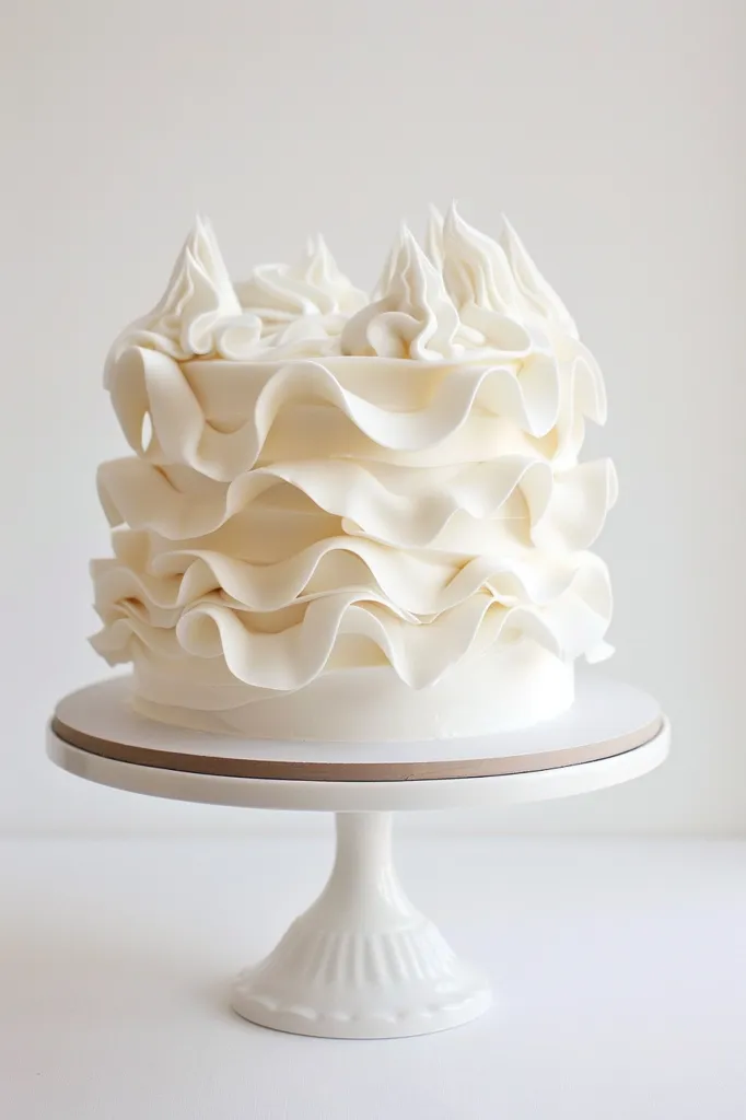 A white cake sits on a white cake stand. The cake is decorated with white frosting that is piped into ruffles. The cake is simple and elegant, perfect for a wedding or special occasion. The background is a plain white wall.