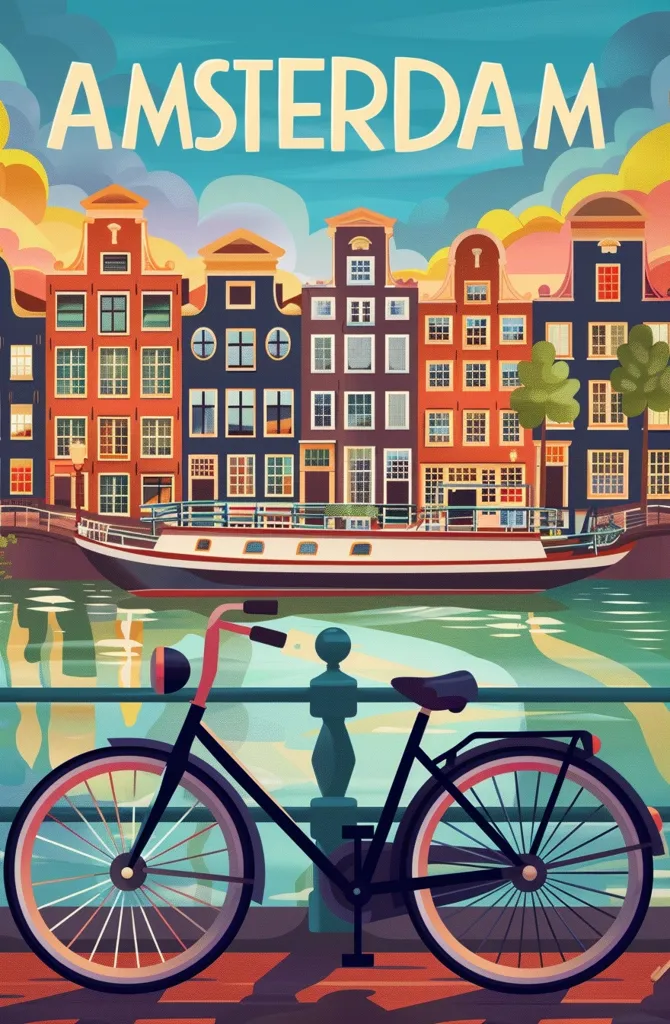 A vibrant illustration depicting Amsterdam, with a canal in the foreground and a traditional Dutch bicycle resting on a wooden bridge. Colorful canal houses line the water, creating a picturesque scene. The sky is a mix of blue and pink, adding a touch of whimsy to the image. The word "AMSTERDAM" stands out in large, bold letters against the sky, emphasizing the city's charm.