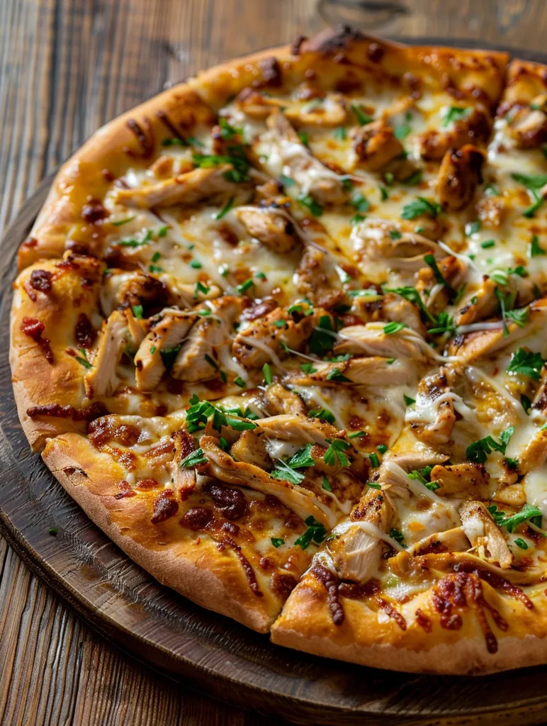 A close-up of a delicious pizza with a crispy crust, topped with melted cheese, savory chicken, and fresh parsley. The pizza is perfectly cooked and has a golden brown crust. The pizza is sitting on a wooden board, ready to be devoured.