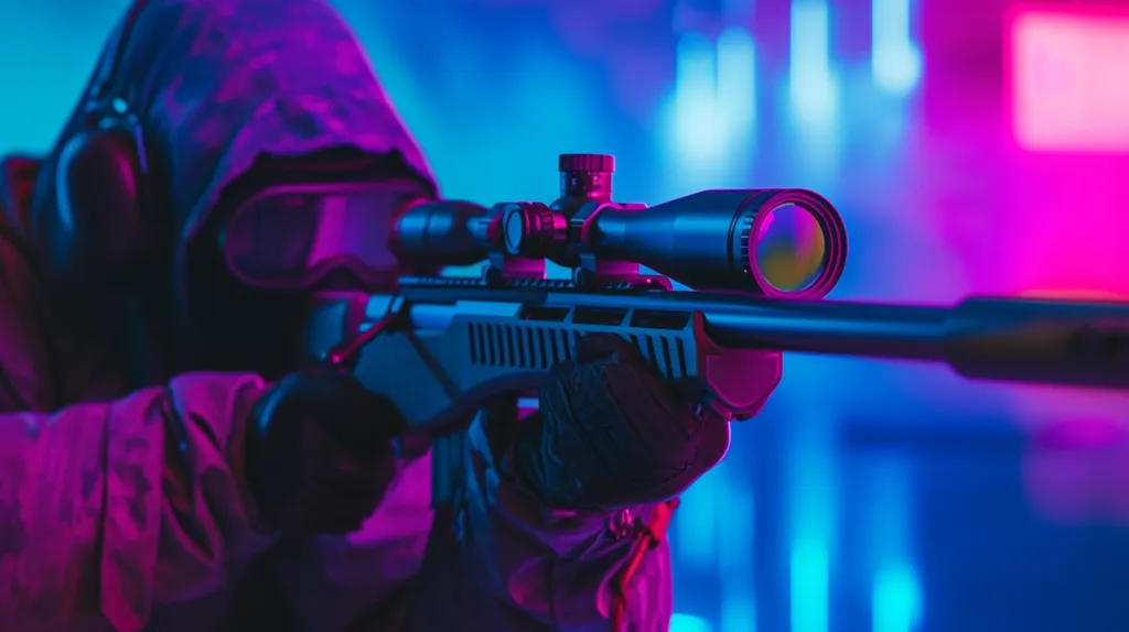A person wearing a hooded jacket and gloves holds a scoped rifle with their left hand. The background is a blur of blue and purple lights. The person's face is hidden by the hood and a face mask.  The scope is focused on something out of frame. The image is lit with neon blue and purple, giving it a futuristic or video game-like aesthetic.