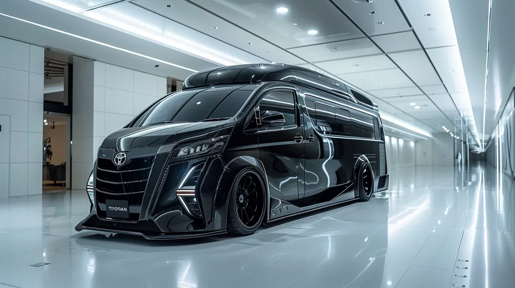 A sleek, black minivan with custom bodywork stands in a sterile, white hallway. The vehicle features a prominent grille with the Toyota logo and sleek lines. The hallway is devoid of people, with bright, overhead lighting.  The van's large, black wheels and low stance give it an aggressive appearance. The overall impression is one of luxury and exclusivity.