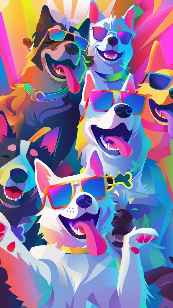 The image is of five cartoon dogs, all wearing sunglasses and smiling. They are all different colors and breeds, and they are all in a colorful, abstract background. The dogs are all looking at the viewer, and they seem to be having a good time. The image is playful and fun.