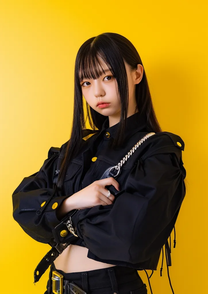 A young woman with long black hair and bangs is wearing a black cropped jacket with a silver chain and a black belt. She is standing in front of a yellow background, her arms crossed, and her expression is serious.  She is wearing a silver ring on her left ring finger.
