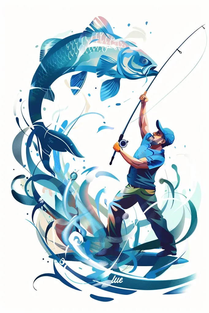 A fisherman stands on a wave, reeling in a large fish with his rod. The scene is stylized with abstract shapes and splashes of blue, representing water and movement. The fisherman is dressed in a blue shirt and green pants, while the fish is a vibrant blue and silver. The illustration is dynamic and full of energy, capturing the excitement of a successful catch.