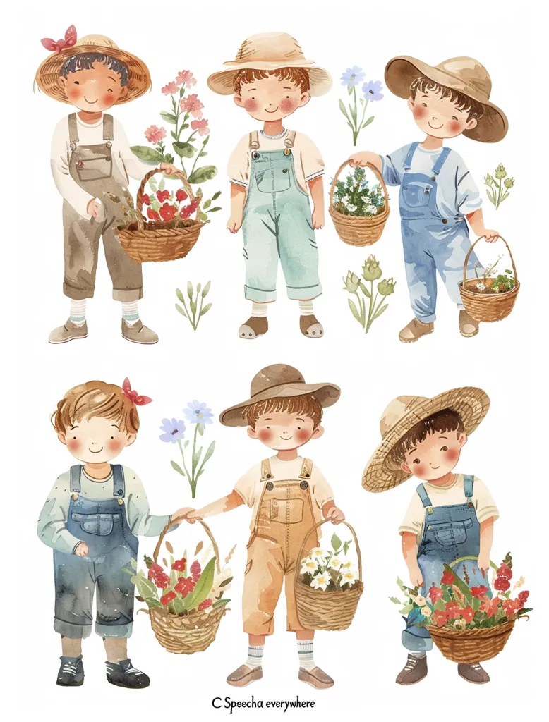 The image depicts six children, all wearing overalls and straw hats, holding baskets filled with flowers. They are all smiling and appear to be enjoying their time in the garden. The watercolor style gives the illustration a soft and whimsical feel. The children's outfits and the floral details suggest a summertime setting.  The image is charming and evokes a sense of innocence and joy.