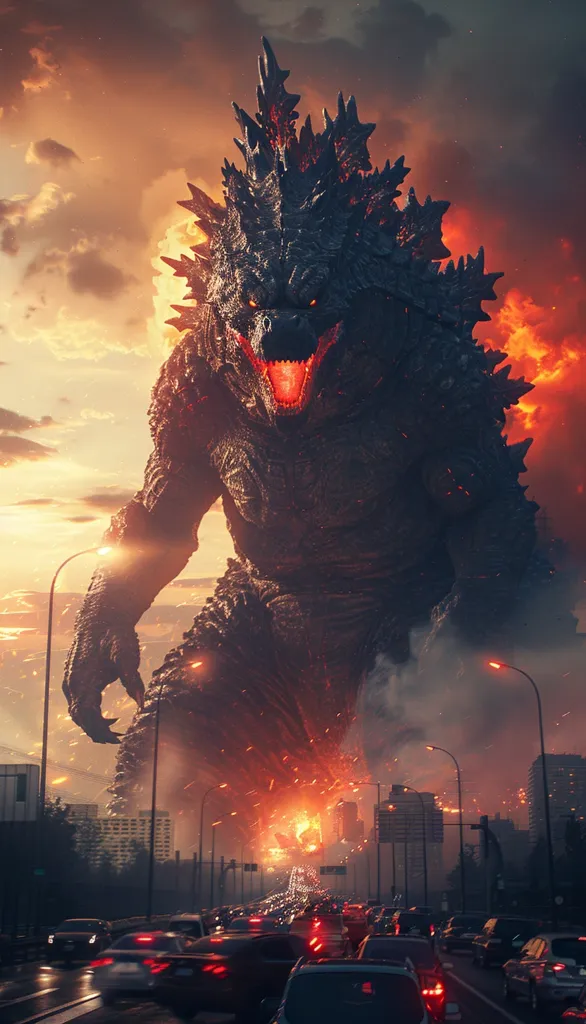 A massive, fire-breathing monster, resembling Godzilla, towers over a city highway. Cars are stopped in traffic, while the monster's glowing red eyes and gaping maw dominate the frame. The sky is filled with smoke and fiery debris, creating a chaotic and apocalyptic scene.  The monster's presence and the destruction it wreaks highlight the vulnerability of humanity in the face of overwhelming power.