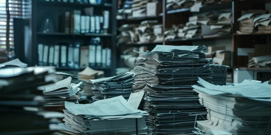 A large stack of papers sits on a desk in an office. The papers are neatly stacked and tied together with string. Behind the desk, a bookshelf is filled with files and folders, suggesting a busy office environment. The image has a cool, blue color palette, which adds to the sense of order and efficiency.