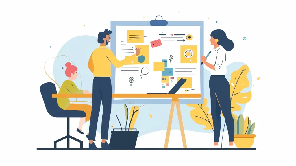 Three people are working together in an office setting. One person is standing and pointing at a whiteboard covered with notes and diagrams. Another person is standing and writing on the board, while the third person is sitting and looking at the board. There are plants and a laptop in the background. The scene depicts collaboration and brainstorming.