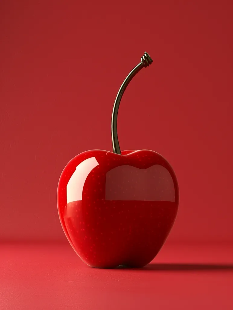 A single, shiny red cherry sits on a matching red surface. Its stem is thin and black, and the cherry's glossy surface reflects the surrounding light. The simplicity of the image creates a striking visual contrast. The cherry's vibrant red color stands out against the background, making it the focal point.