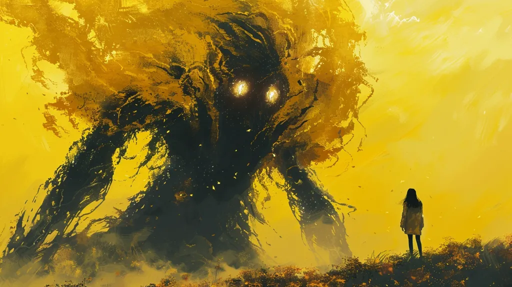 The image depicts a large, dark, and ominous creature made of swirling, tangled branches. Its silhouette looms over a lone figure, a young woman standing in the distance. The background is a vibrant yellow, creating a stark contrast between the dark creature and the bright sky. The creature's eyes glow with an eerie light, suggesting a supernatural presence. The overall atmosphere is one of mystery and unease.