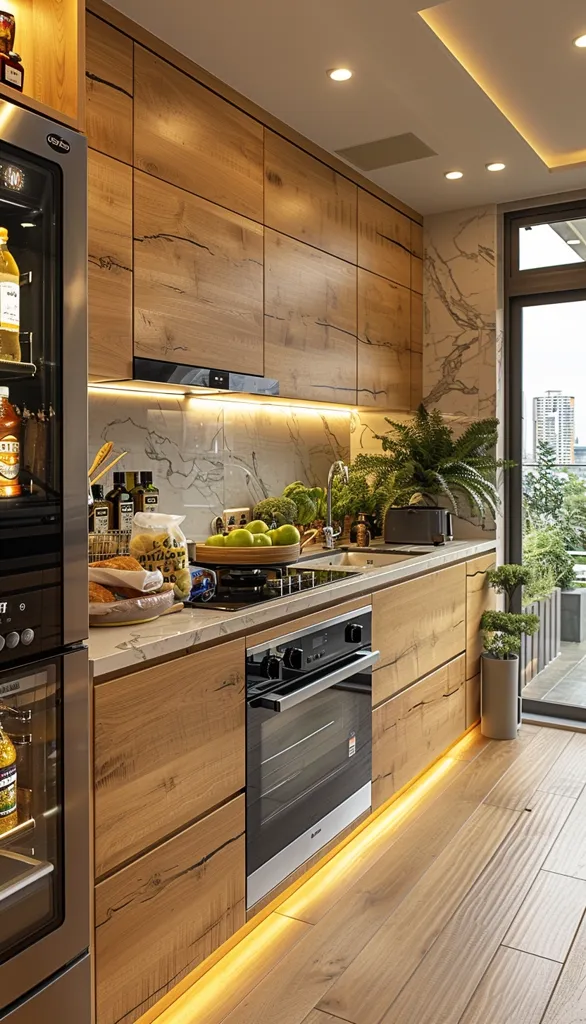 A modern kitchen with wooden cabinets, a marble backsplash, and stainless steel appliances. The kitchen has a minimalist design with a focus on clean lines and natural materials. The large windows offer a view of the city outside. There is a built-in oven, a stovetop, and a stainless steel refrigerator. The kitchen is illuminated by recessed lighting and a strip of LED lights along the bottom of the cabinets.  A small plant in a gray pot sits on the floor near the window.  The kitchen floor is hardwood, with a light brown finish.