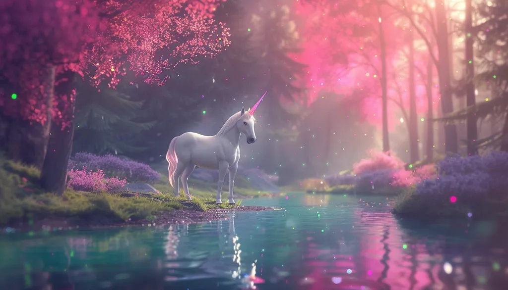 A white unicorn with a pink horn stands by a still river in a magical forest. The trees are ablaze with pink blossoms, and the air is filled with sparkling dust. The unicorn gazes at the water, its reflection shimmering alongside the fairy lights. The scene is ethereal and dreamlike.