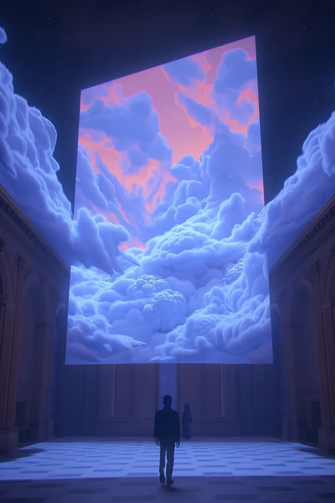 A large, rectangular screen displays a mesmerizing depiction of a sky filled with voluminous, cotton-like clouds. The scene is bathed in a soft, ethereal light, casting a hazy glow over the surrounding space. The screen is positioned within a grand, empty hall, and a lone figure stands silhouetted in the foreground, adding a sense of scale and contemplation to the artwork. The overall atmosphere is one of serene beauty and introspective wonder.