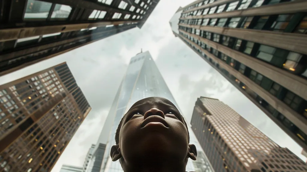 A young boy with dark skin looks up at the tall skyscrapers of a city. He's surrounded by buildings, with one tall, pointed skyscraper dominating the view. The light reflecting off the windows creates a sense of grandeur and awe.  The photo captures a moment of wonder and exploration in the urban jungle.