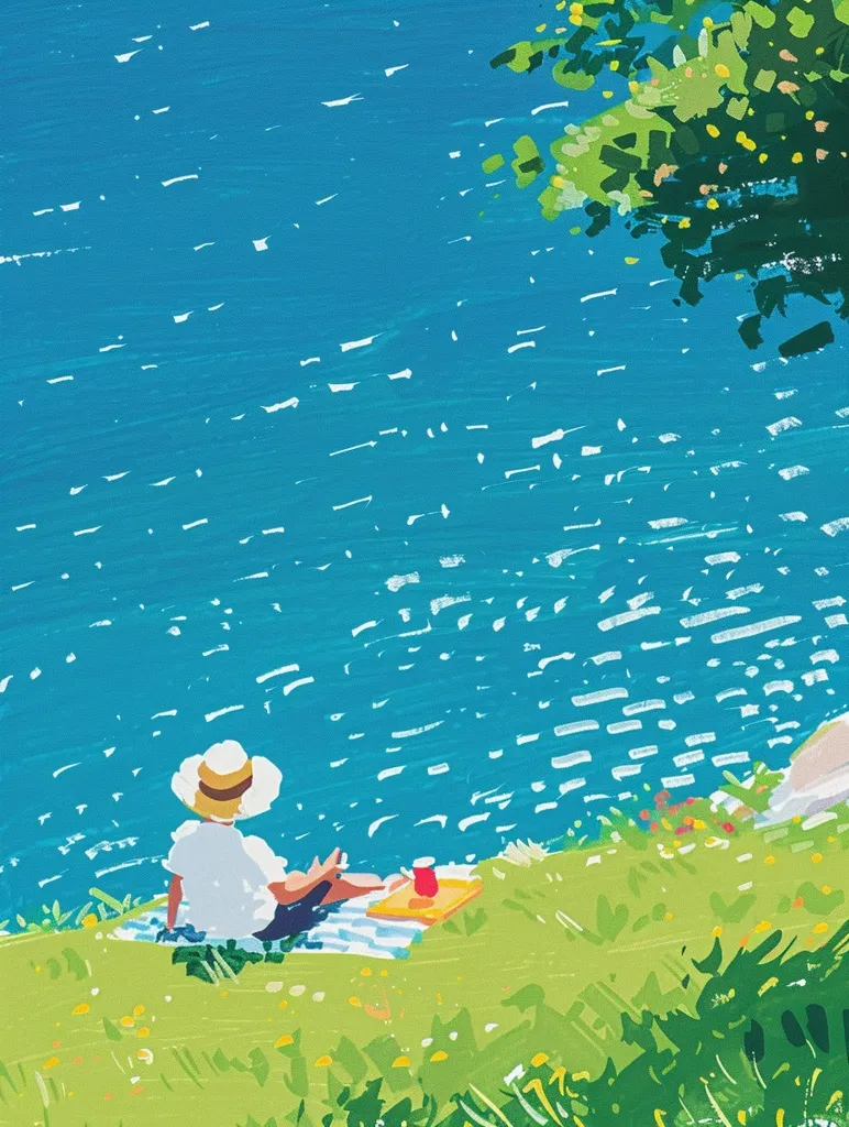 A person wearing a white shirt and a straw hat sits on a grassy cliff overlooking a blue body of water. They are sitting on a checkered blanket and there is a red cup on a tray nearby.  The scene is painted in a loose, stylized manner with visible brushstrokes.  The water has white lines on it that suggest ripples.  A leafy green branch is partially visible in the top right corner of the image.