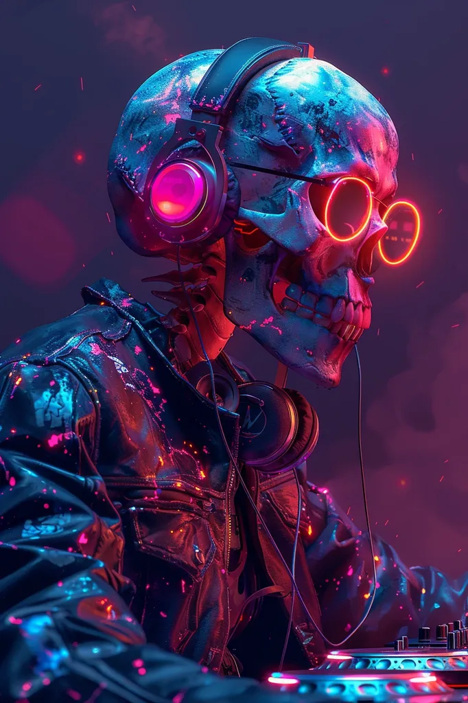 A skull wearing headphones and round sunglasses is dressed in a black leather jacket with bright pink and blue speckles, sitting at a DJ mixer. The background is a dark purple with orange and pink streaks of light. The image is vibrant and colorful, capturing a unique and edgy style.
