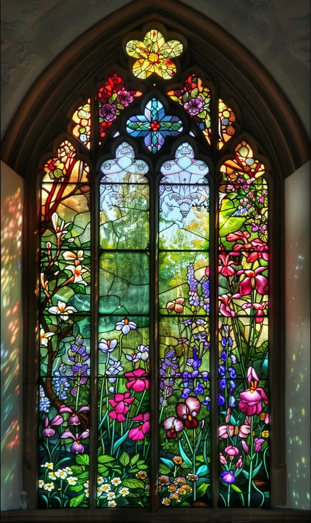 A large stained glass window depicting a garden scene. The window is divided into four sections, each featuring a variety of colorful flowers, leaves, and trees. The top of the window features a large, yellow flower with red petals around it. Sunlight streams through the window, casting rainbows across the walls. The window is set in an arched frame and appears to be in a church or cathedral.  The vibrant colors and intricate details of the stained glass create a sense of beauty and tranquility.