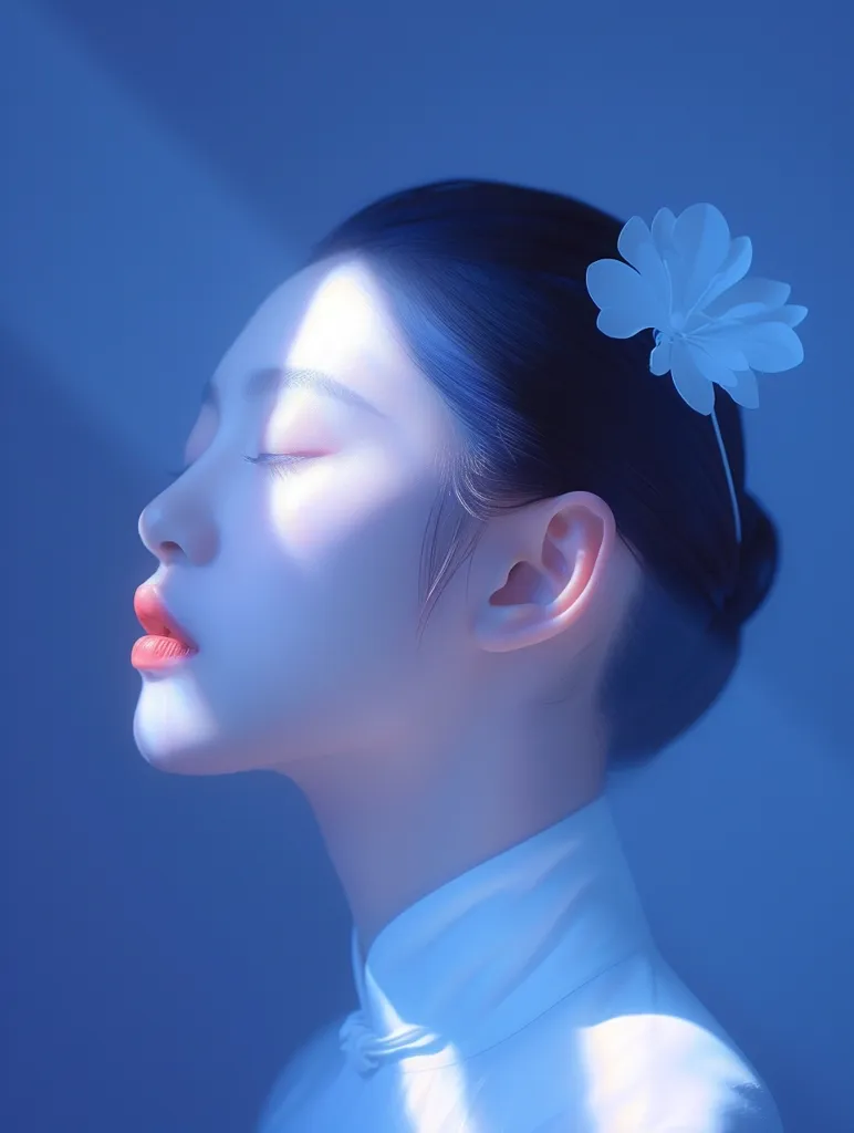 A woman with dark hair and a white flower in her hair gazes upwards, bathed in a blue light. Her eyes are closed, her expression serene, and her lips are painted a soft pink. A beam of light casts a shadow across her face.  The image is soft and ethereal, evoking a sense of peace and tranquility.
