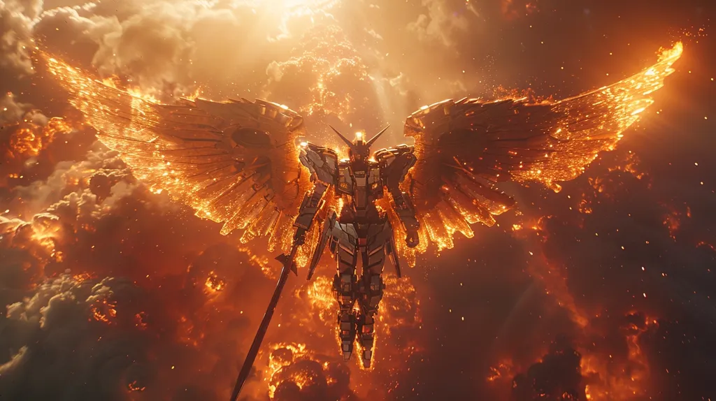 A majestic, metallic robot with glowing wings stands against a fiery backdrop. The wings are made of shimmering gold and the robot's body is silver. The fiery sky and clouds surround the robot, creating a dramatic and powerful image. The robot is holding a sword in its hand, suggesting a battle or a moment of triumph. The image is reminiscent of an angel or a mythical creature, with the robot's presence being both awe-inspiring and slightly intimidating.