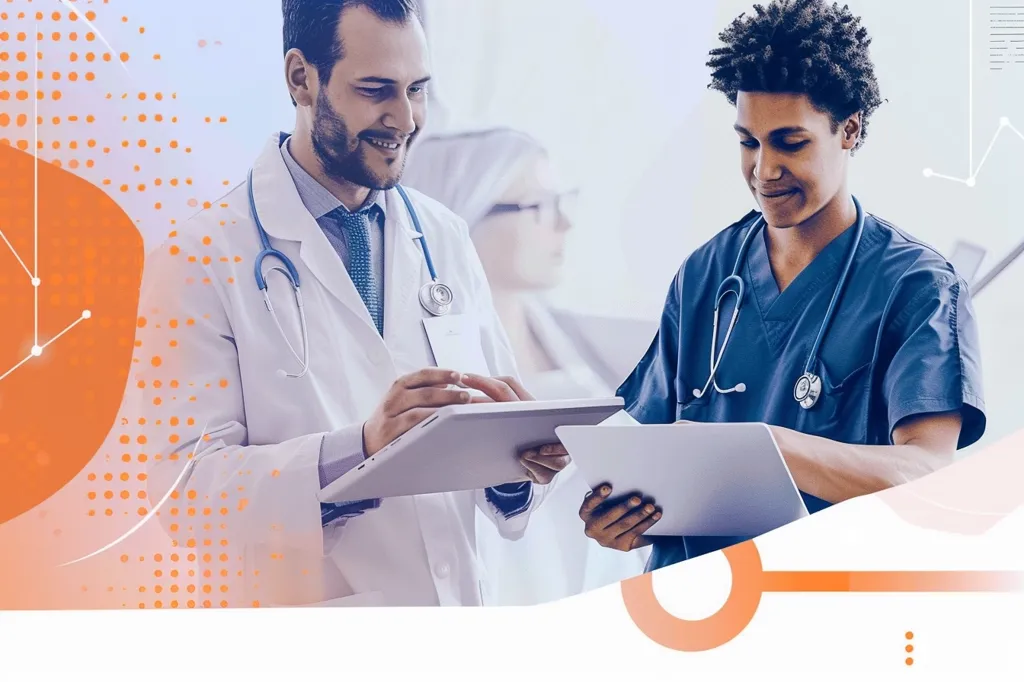 Two doctors, one in a white coat and one in a blue scrub top, are looking at tablets. They are standing in a hospital room, and there is a blurry figure in the background. The image is set against a background of orange and white abstract shapes. The overall tone is professional and serious.