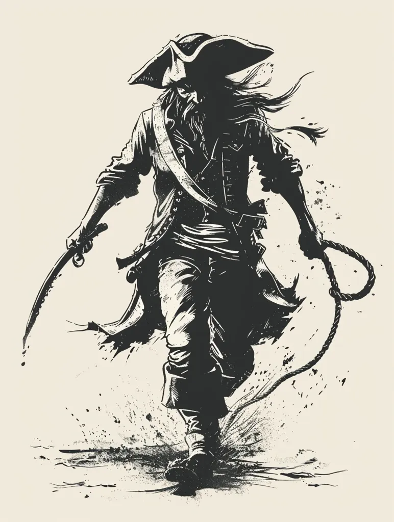 The image is a black and white illustration of a pirate. He is wearing a tricorn hat, a long coat, and boots. He is holding a sword in one hand and a rope in the other. His face is obscured by shadow, but his long hair and beard are visible. The image is set against a light background and has a splatter effect, suggesting movement and action. The pirate is portrayed in a dynamic pose, his muscles tense and his eyes focused, suggesting determination and intensity. The image evokes a sense of adventure, danger, and the wildness of the sea.