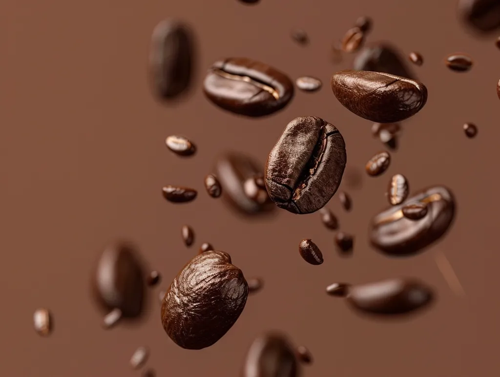 The image shows a close-up of roasted coffee beans in mid-air, falling against a blurred brown background. The beans are various sizes and shapes, with a glossy, dark brown surface. Some beans are slightly out of focus, creating a sense of movement and depth. The image evokes the aroma and warmth of freshly brewed coffee.